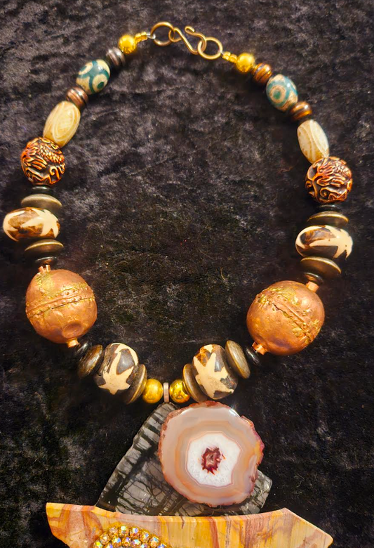 African Inspired Earth Tone Beaded Luxury Necklace with Mixed Gemstone
