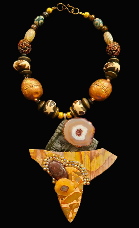 Earth Tone Mixed Jasper Slab & Gemstone Pendant - African Inspired Luxury Beads