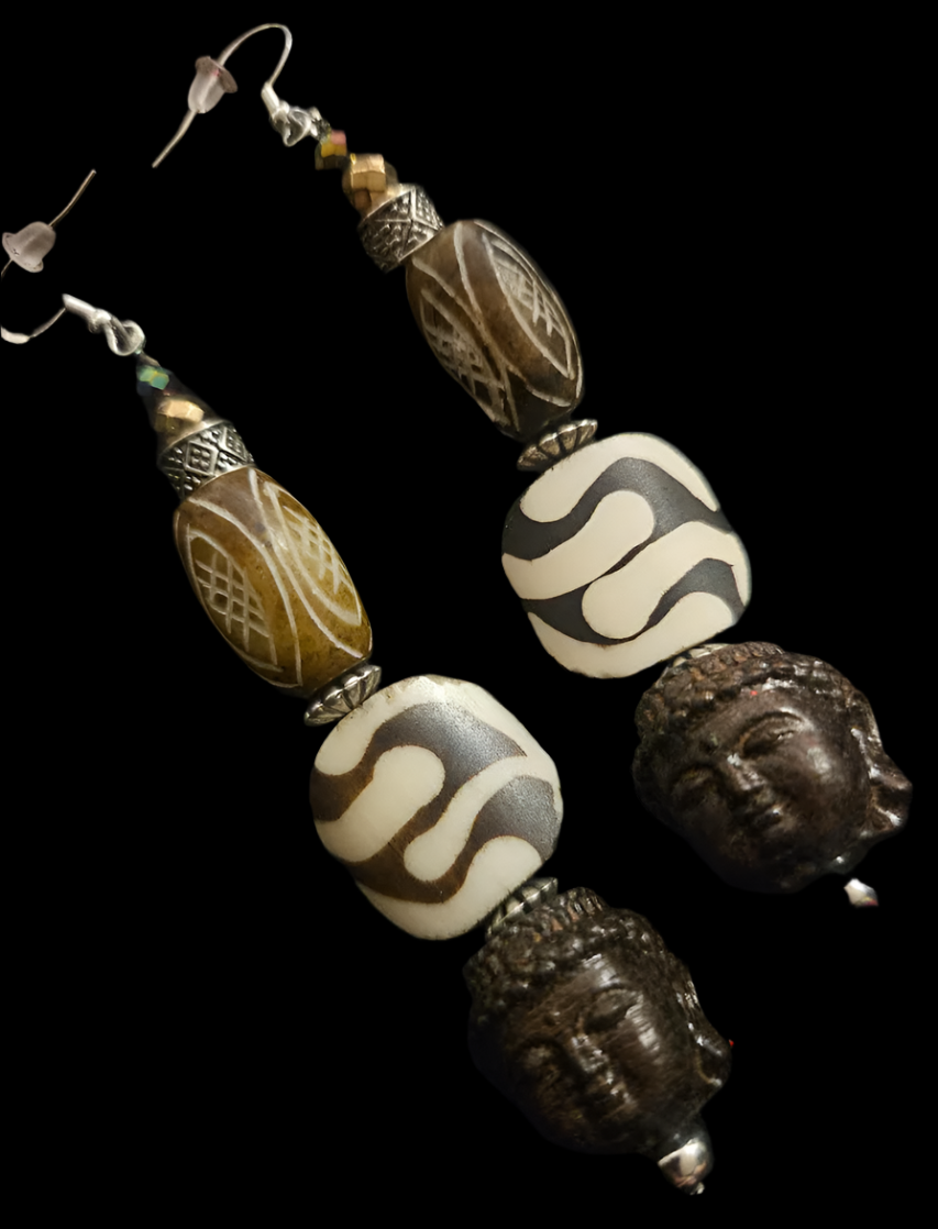 Brown and Cream Tribal Beaded Buddha Shoulder Dusters African Tib