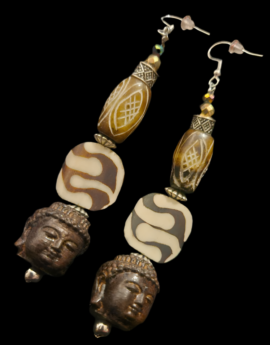 Brown and Cream Tribal Beaded Buddha Shoulder Dusters African Tib