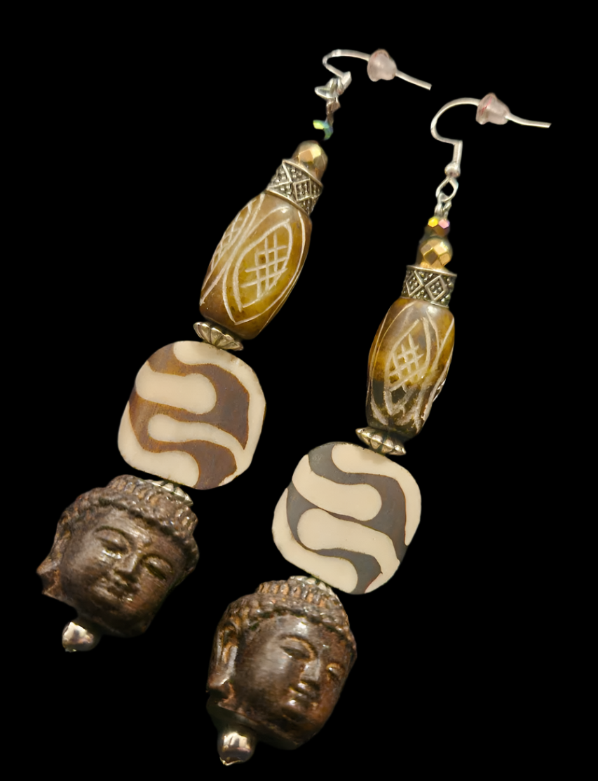 Brown and Cream Tribal Beaded Buddha Shoulder Dusters African Tib