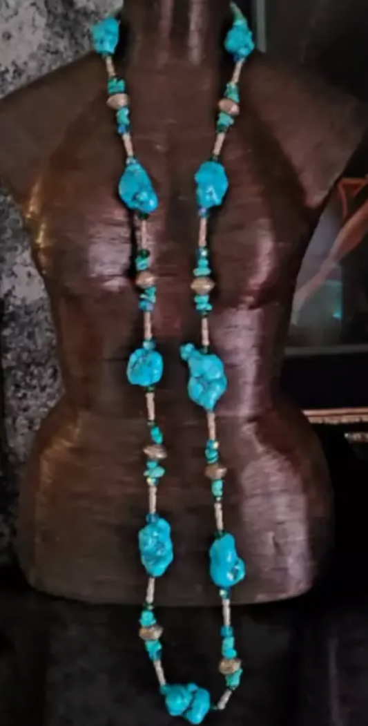 Blue Magnesite Nugget Western Style Long Rope Necklace - Faux Turquoise