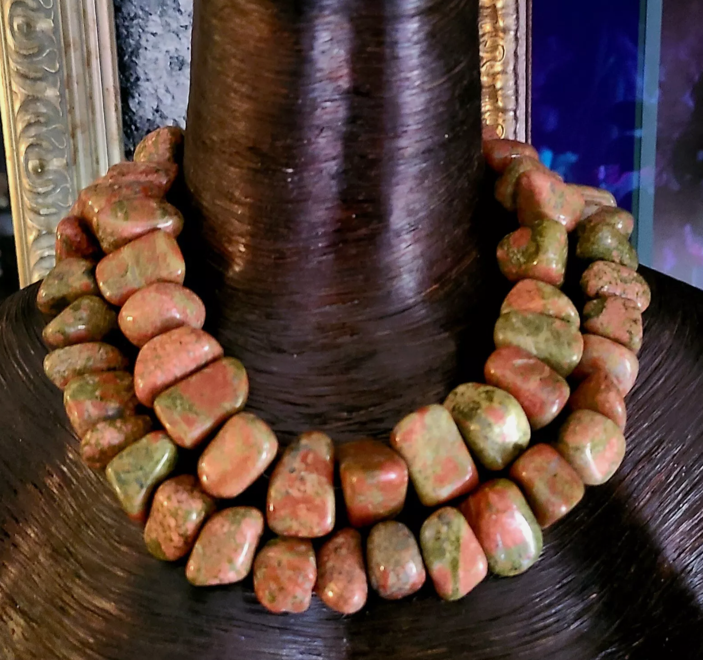 Polished Unakite Boulder Multi Strand Statement Luxury Necklace Neck