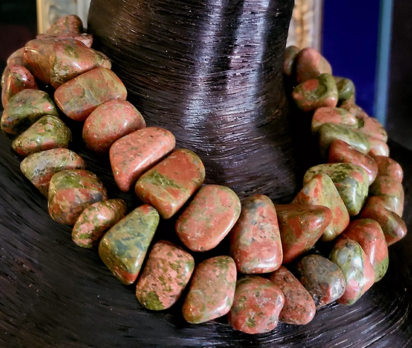 Polished Unakite Boulder Multi Strand Statement Luxury Necklace Neck