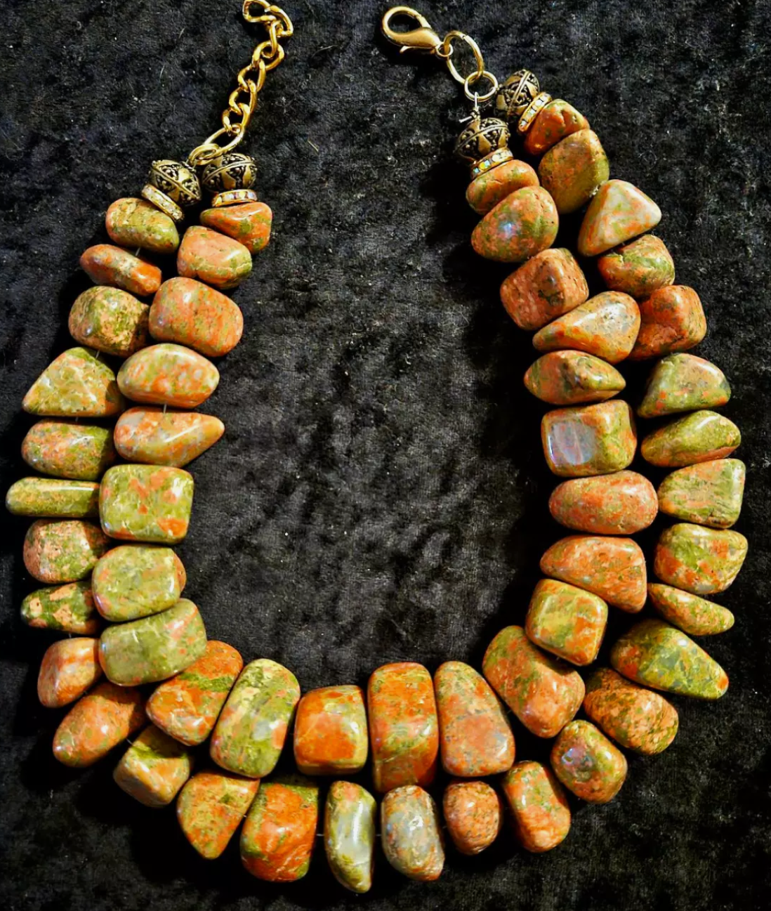 Polished Unakite Boulder Multi Strand Statement Luxury Necklace Neck