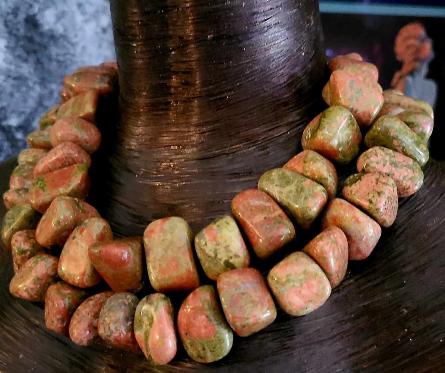 Polished Unakite Boulder Multi Strand Statement Luxury Necklace Neck