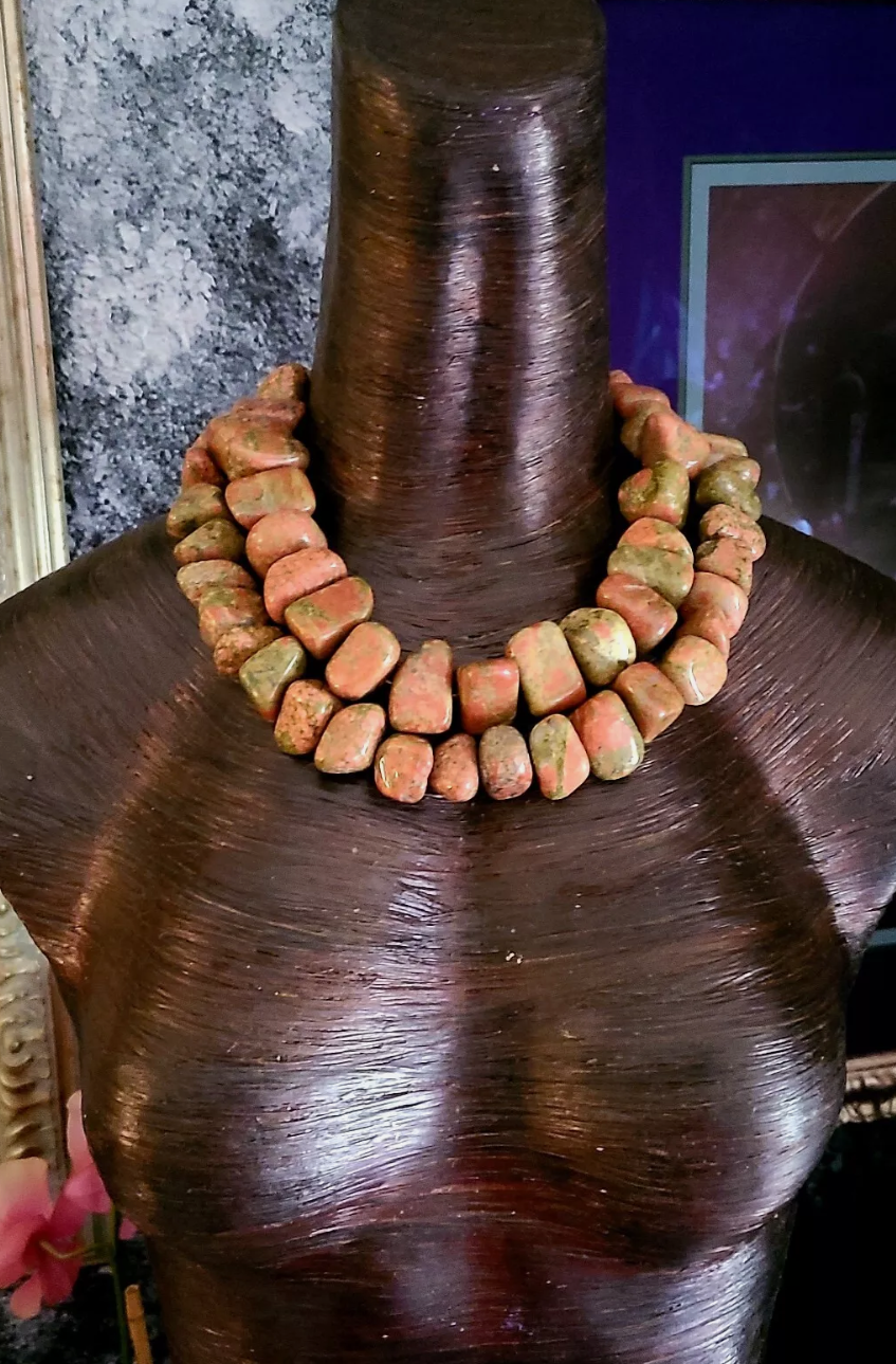 Polished Unakite Boulder Multi Strand Statement Luxury Necklace Neck