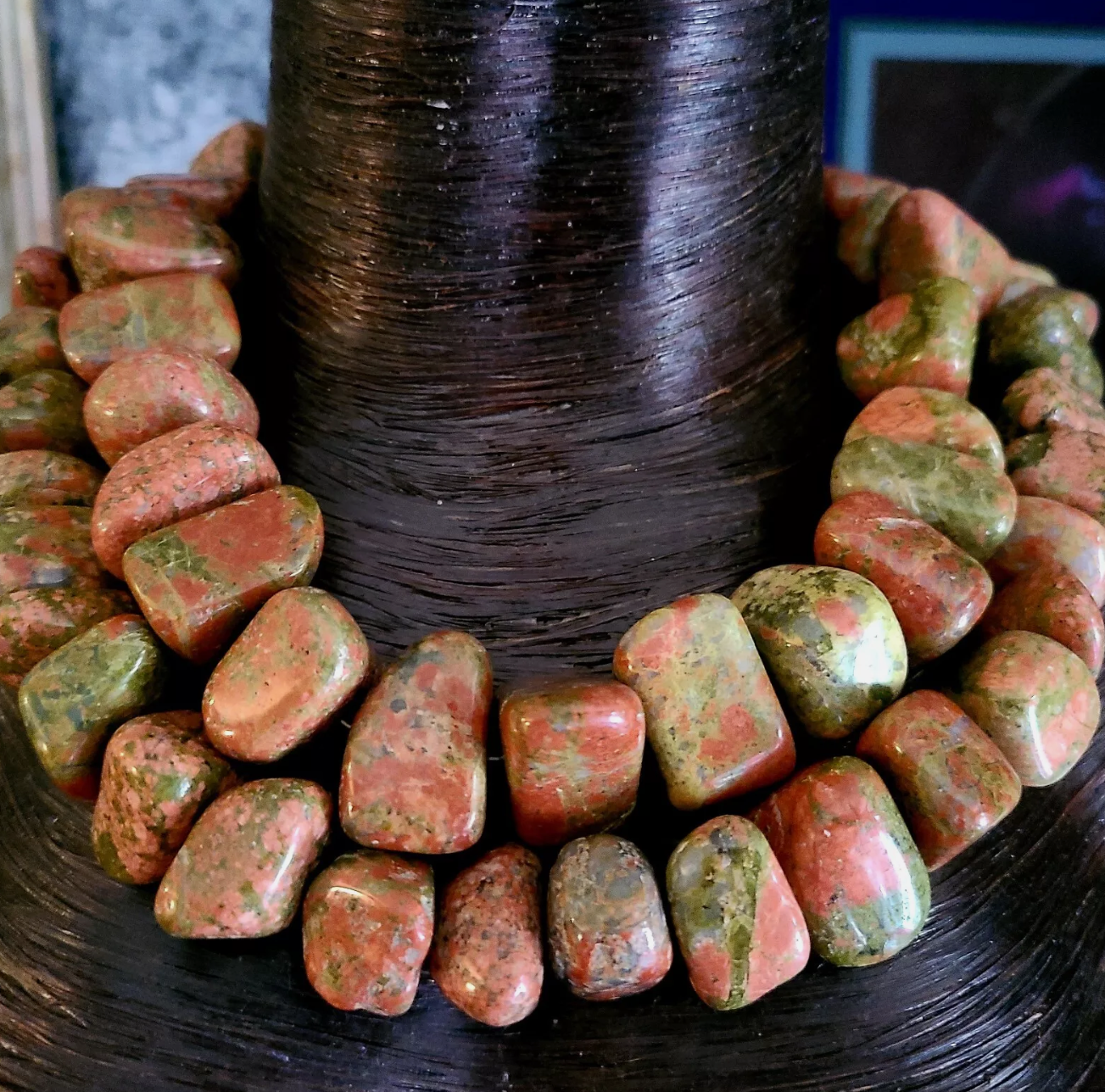 Polished Unakite Boulder Multi Strand Statement Luxury Necklace Neck