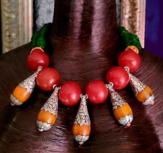 Red Orange & Green Tribal Beaded Luxury Necklace - Bohemian Luxe