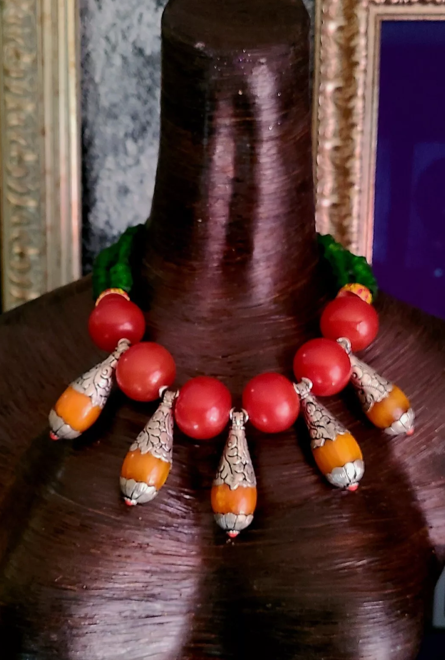 Red Orange Green Tribal Beaded Statement Necklace - Boho