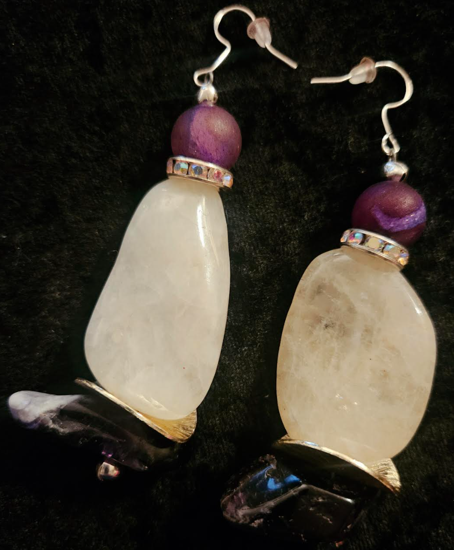 Polished White Agate & Chevron Amethyst Dangle Pierced Statement Earri
