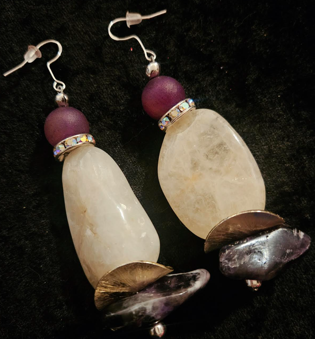 Polished White Agate & Chevron Amethyst Dangle Pierced Statement Earri
