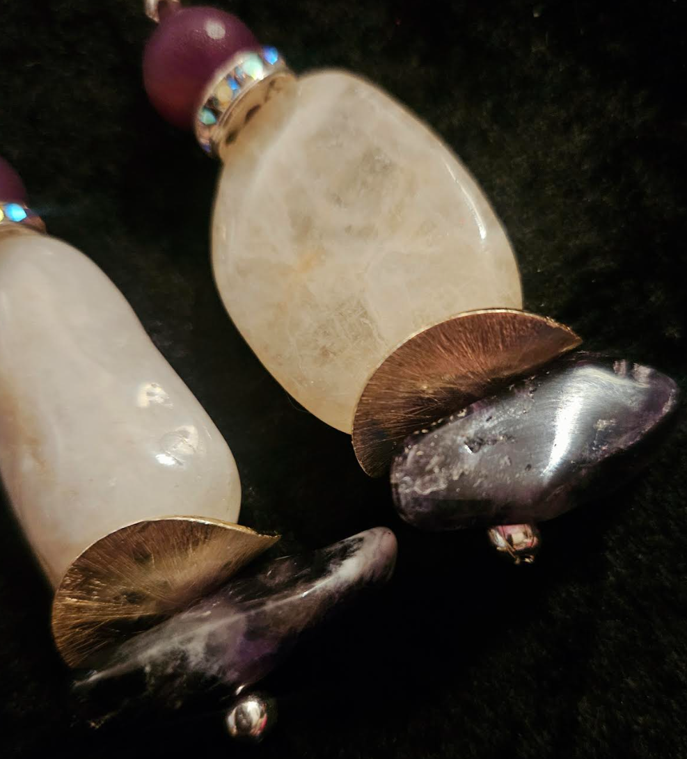 Polished White Agate & Chevron Amethyst Dangle Pierced Statement Earri