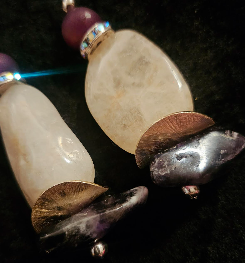 Polished White Agate & Chevron Amethyst Dangle Pierced Statement Earri