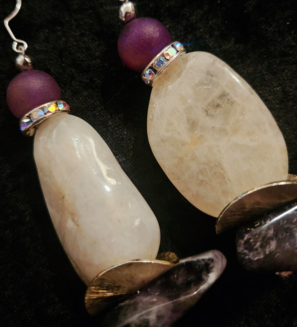 Polished White Agate & Chevron Amethyst Dangle Pierced Statement Earri