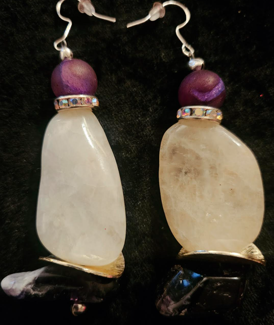 Polished White Agate & Chevron Amethyst Dangle Pierced Statement Earri