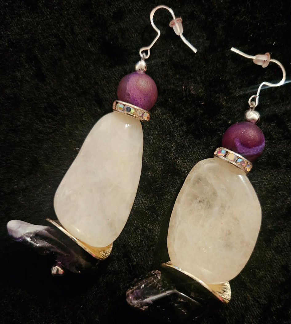 Polished White Agate & Chevron Amethyst Dangle Pierced Statement Earri