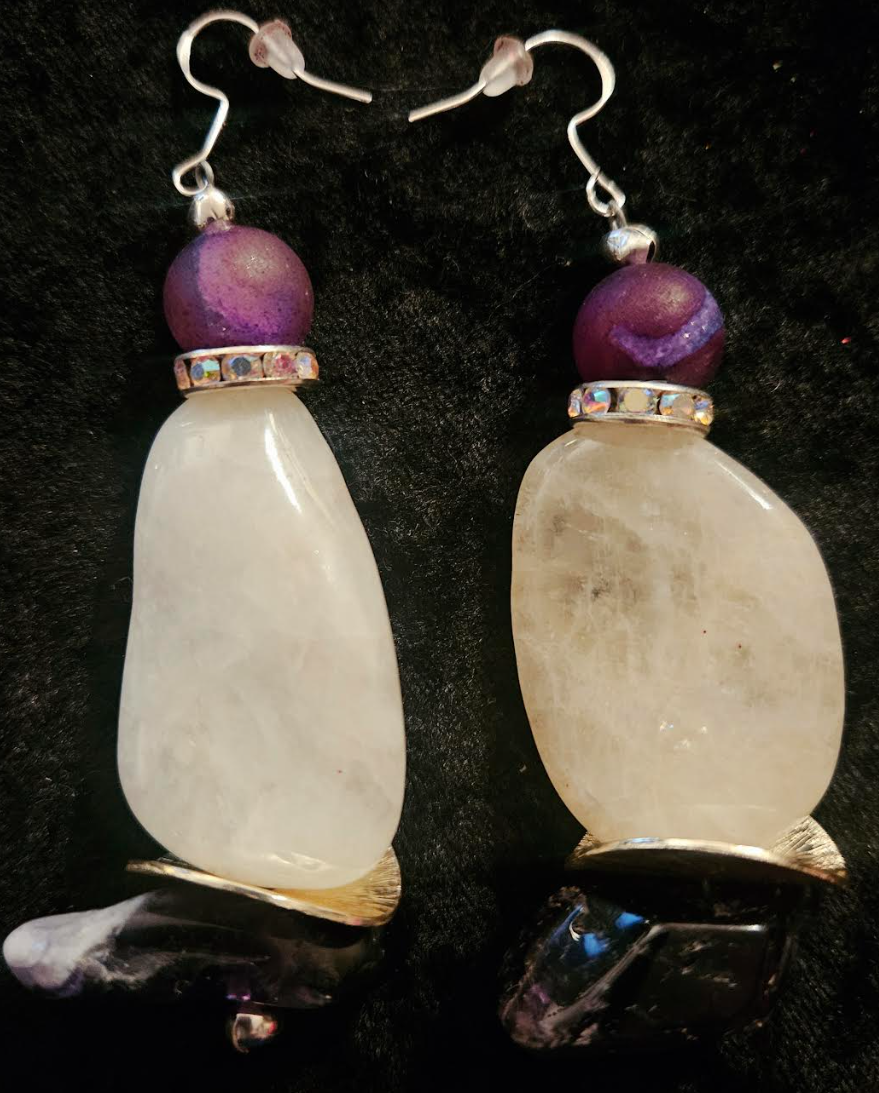 Polished White Agate & Chevron Amethyst Dangle Pierced Statement Earri