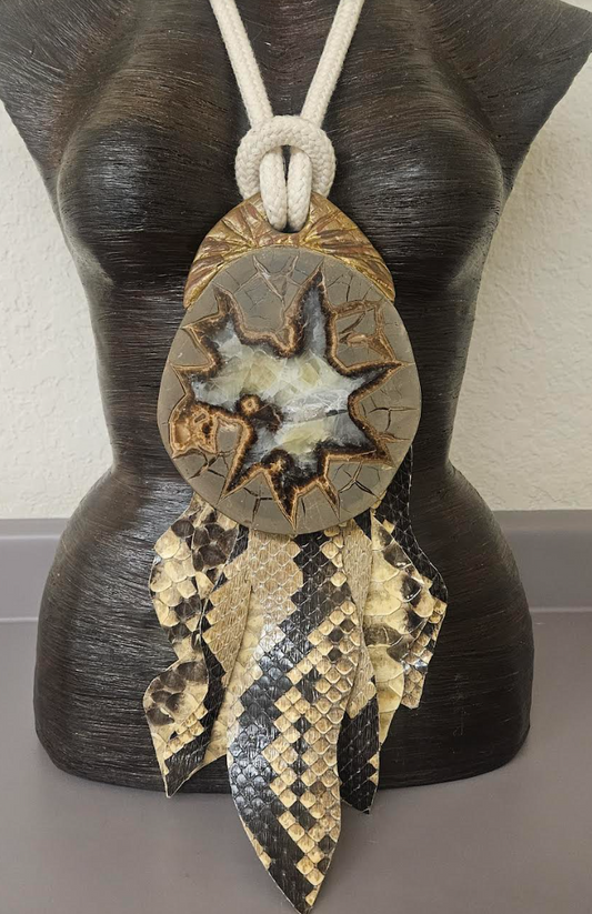 Septarian Slab Sculpted Gemstone Pendant & Crocodile Fringe - Badasses