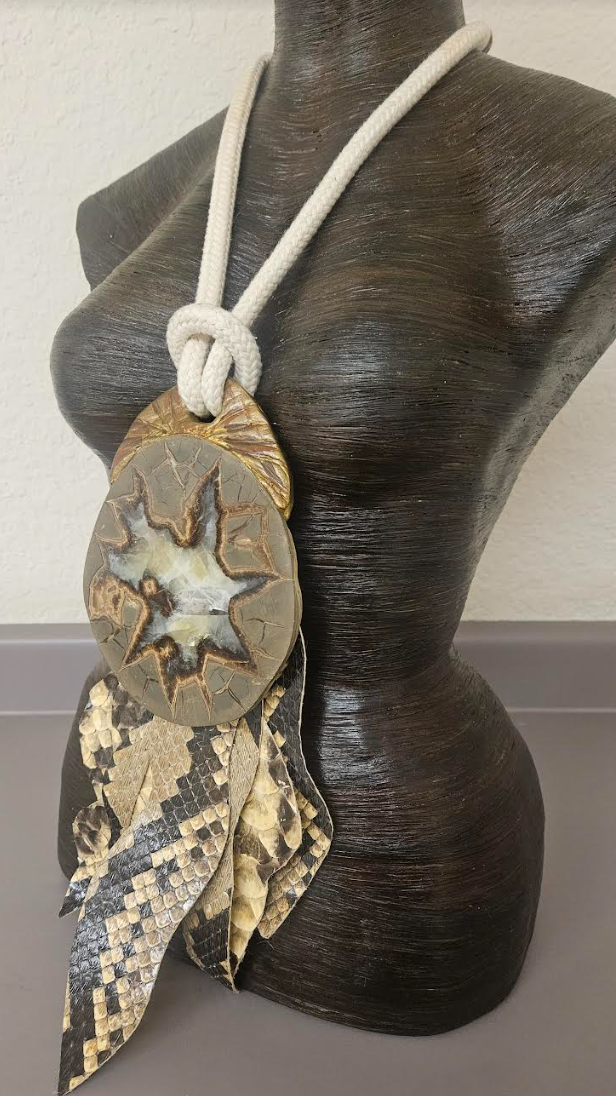 Septarian Slab Sculpted Gemstone Pendant & Crocodile Fringe - Badasses