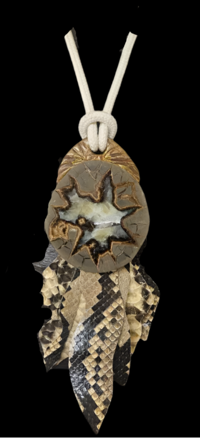 Unique Septarian Slab Crocodile Fringe Pendant - Earth Tone