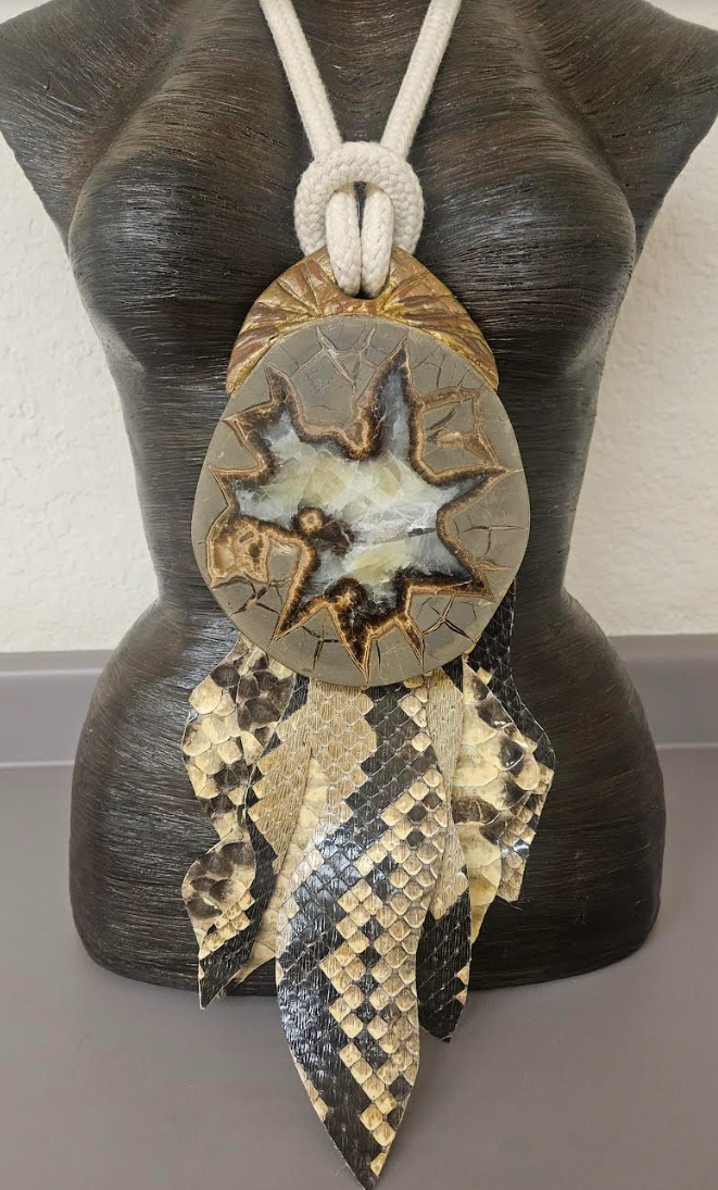 Septarian Slab Sculpted Gemstone Pendant & Crocodile Fringe - Badasses