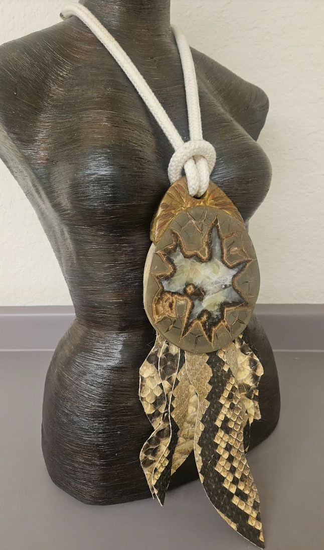 Septarian Slab Sculpted Gemstone Pendant & Crocodile Fringe - Badasses