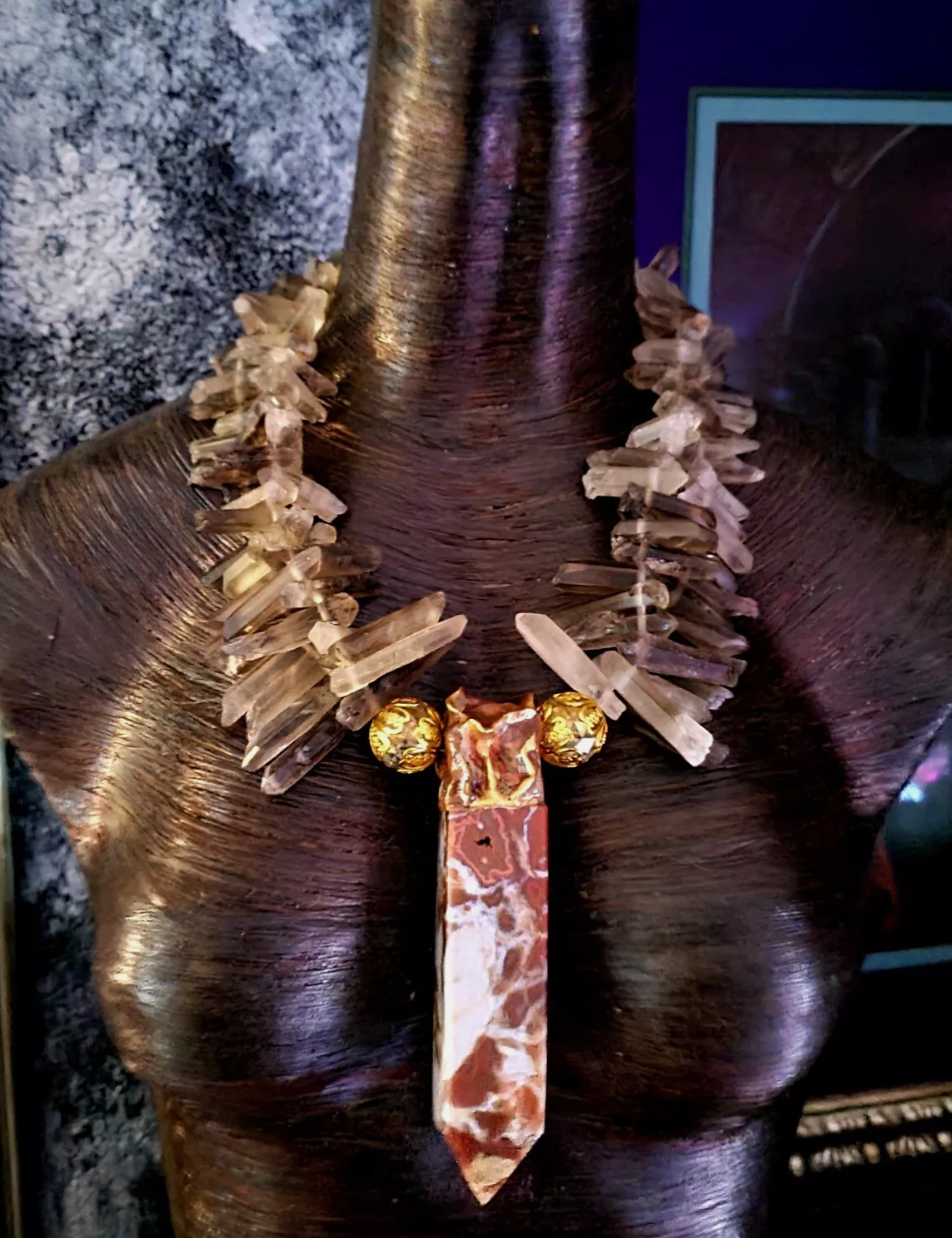 Smoky Branch Quartz Luxury Necklace with Ocean Jasper Tower