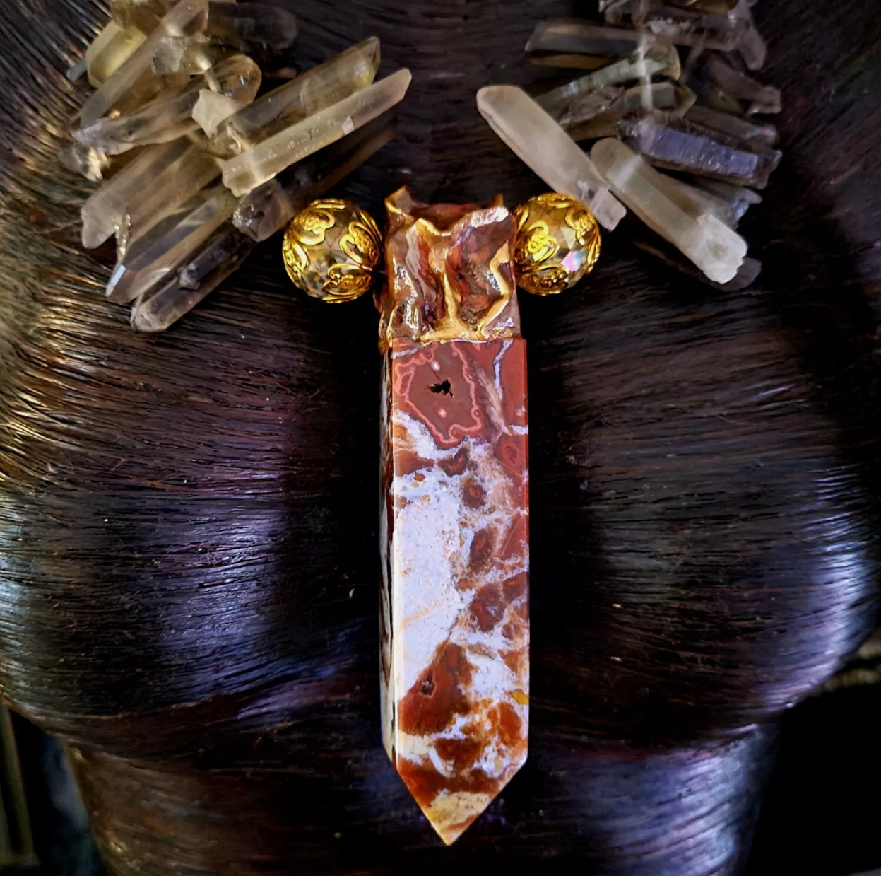 Smoky Branch Quartz Luxury Necklace with Ocean Jasper Tower Gemstone P
