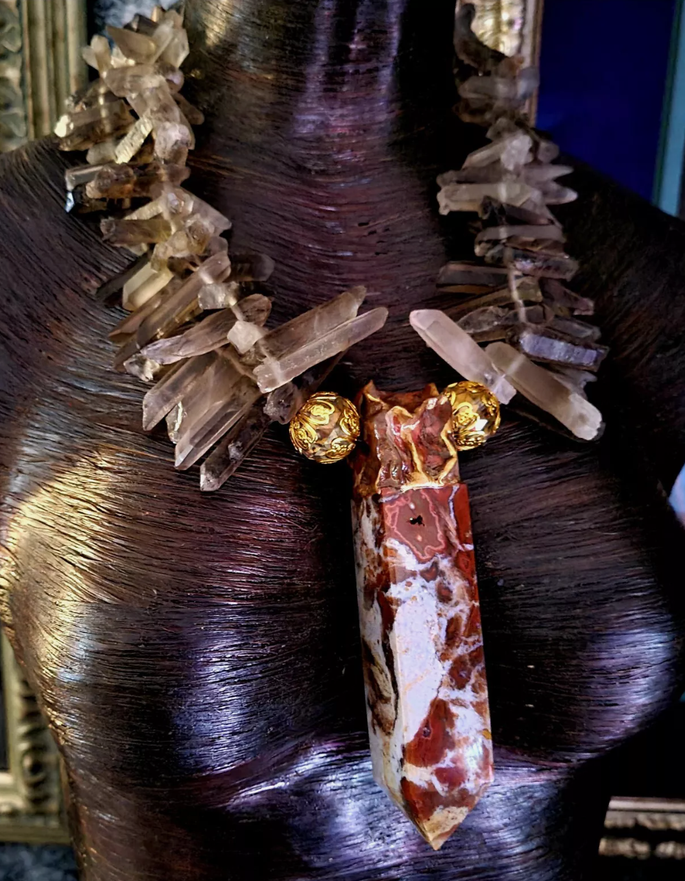 Smoky Branch Quartz Luxury Necklace with Ocean Jasper Tower Gemstone P