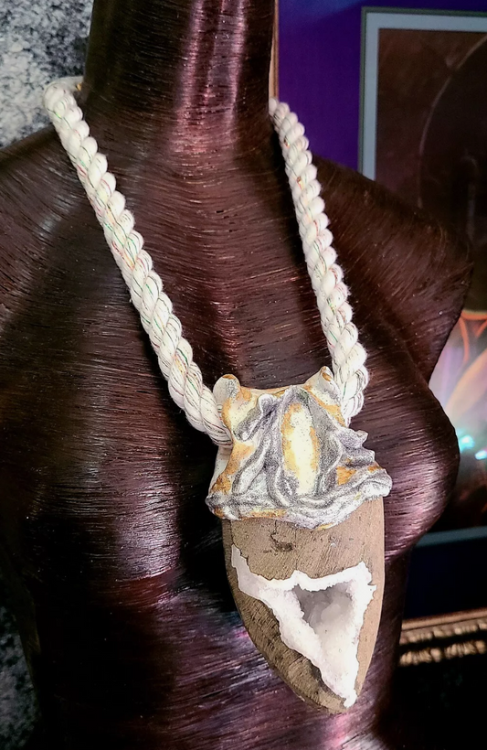 Chalcedony Druzy Geode Sculpted Rope Gemstone Pendant Androgynous