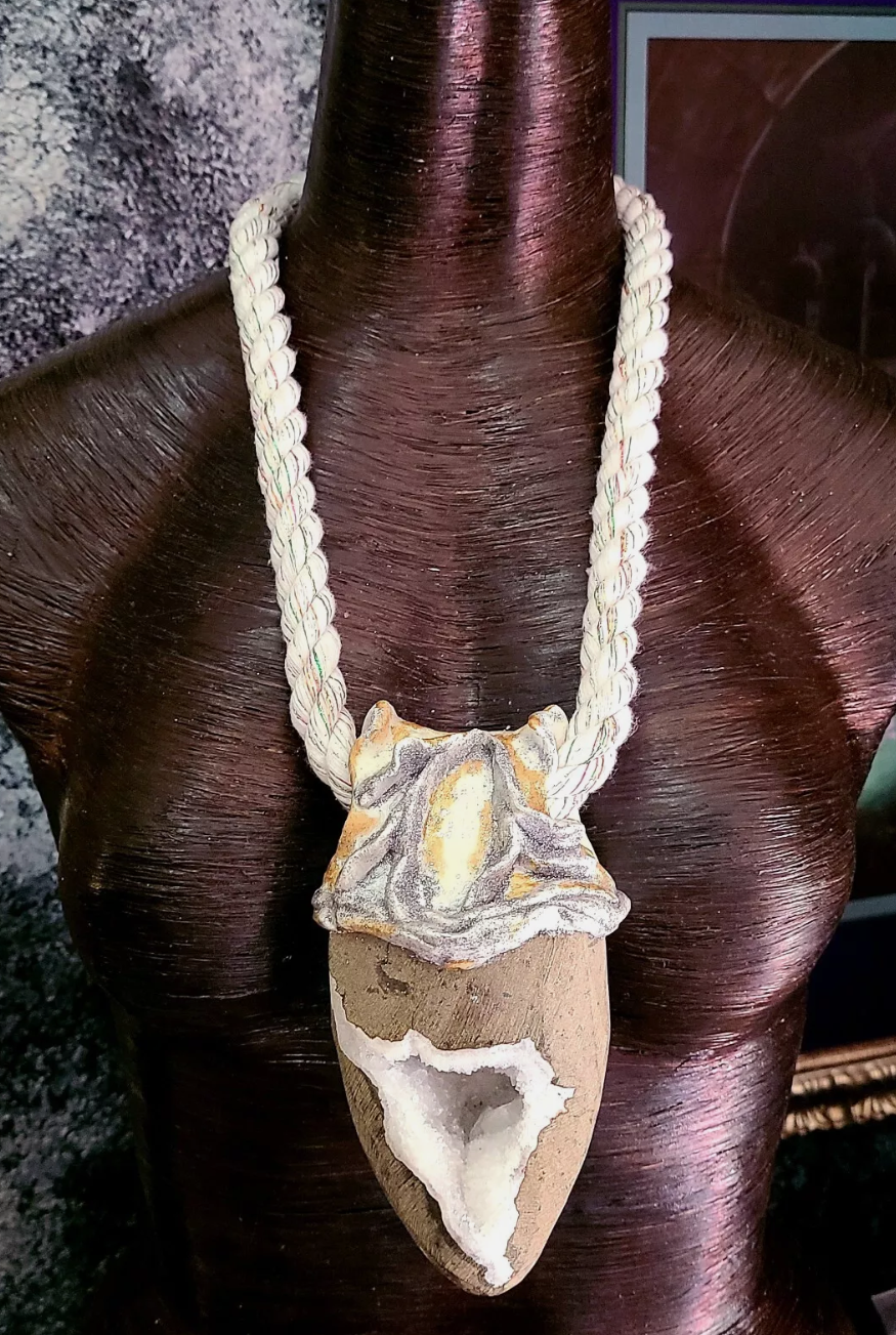 Chalcedony Druzy Geode Sculpted Rope Gemstone Pendant Androgynous