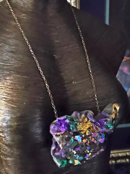 Rough Titanium Quartz Sculpted Gemstone Pendant - Rainbow Jewel Tone