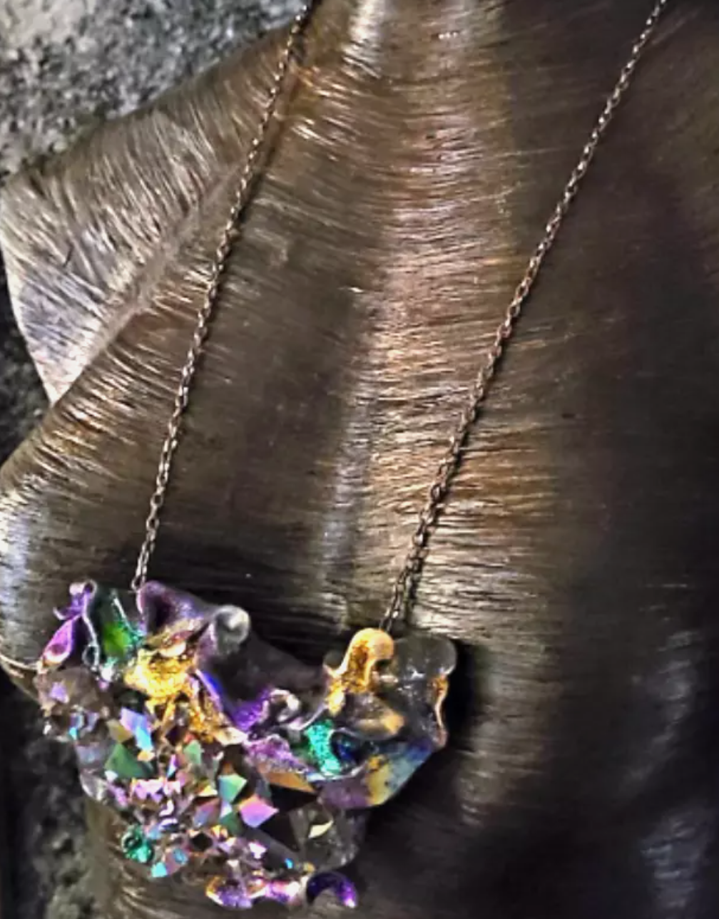 Rough Titanium Quartz Sculpted Gemstone Pendant - Rainbow Jewel Tone