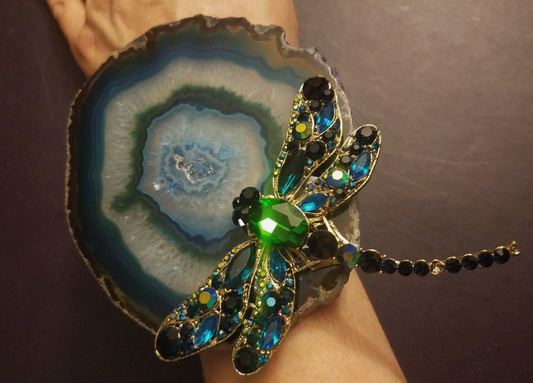 Plus Size Teal Agate & Rhinestone Dragonfly Statement Cuff