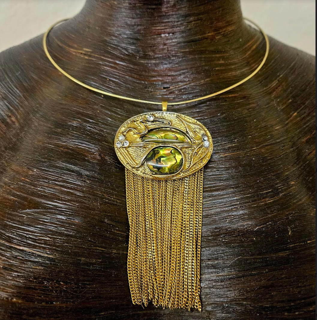 Art Deco Vintage Gemstone Pendant on Wire Collar Art Nouveau Chain W