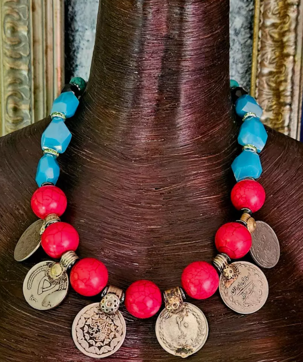 Beaded Tribal Statement Luxury Necklace with Kuchi Coins - Belly Dancer