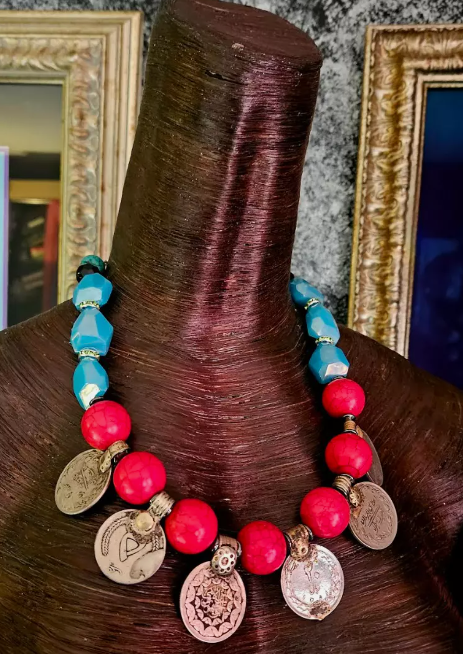 Beaded Tribal Statement Luxury Necklace with Kuchi Coins - Belly Dancer