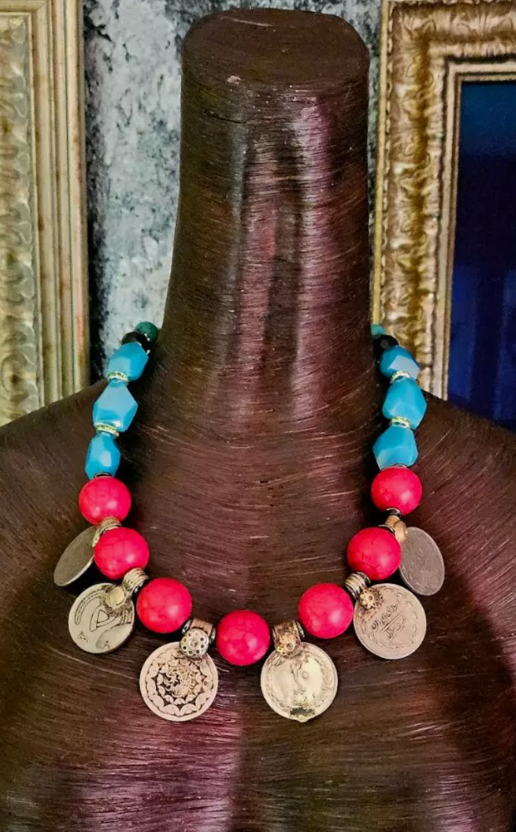 Beaded Tribal Statement Luxury Necklace with Kuchi Coins - Belly Dancer