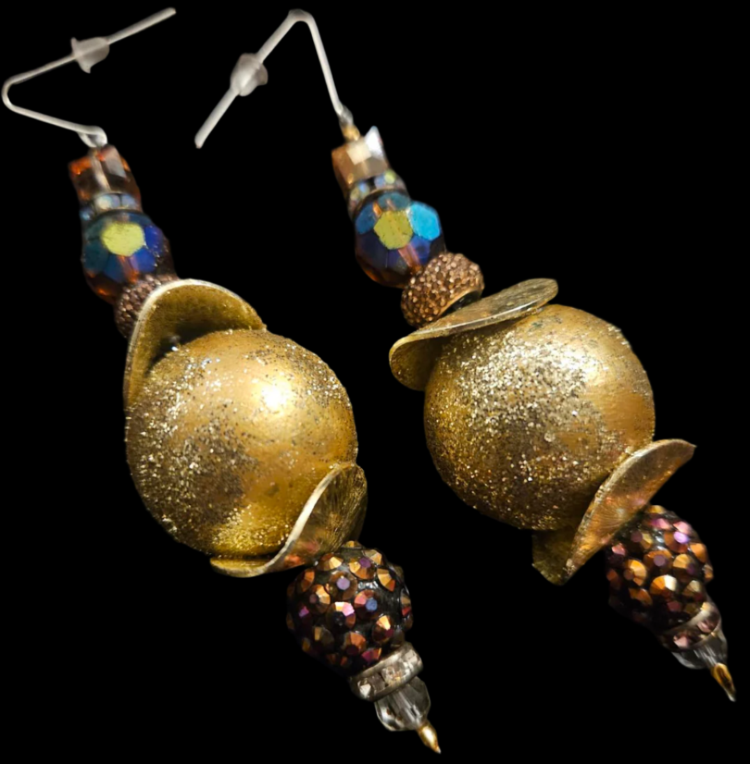 Golden Glitter Ball and Bronze Crystal Dangle Pierced Statement Earrin