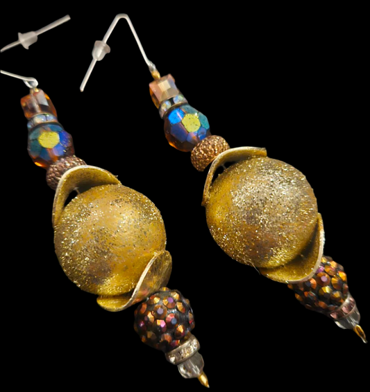 Golden Glitter Ball & Bronze Crystal Dangle Pierced Statement Earrings