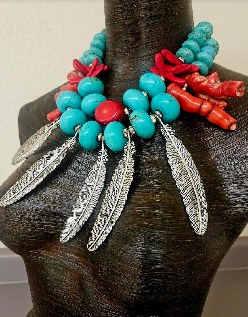 Blue Magnesite Red Coral & Silver Metal Feather Statement Luxury Neckl