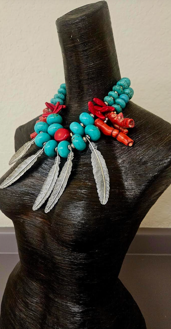 Blue Magnesite Red Coral & Silver Metal Feather Statement Luxury Neckl