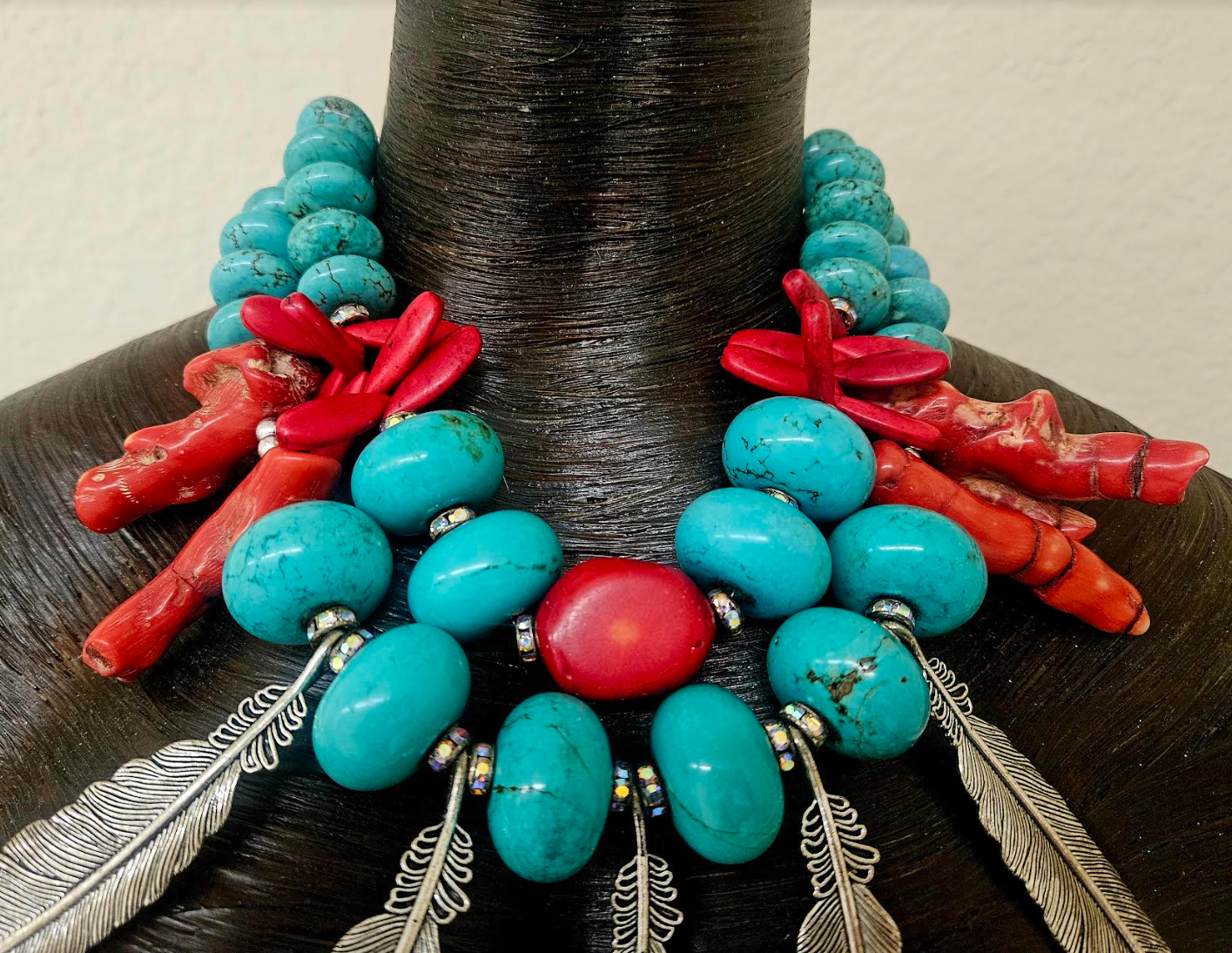 Blue Magnesite Red Coral & Silver Metal Feather Statement Luxury Neckl