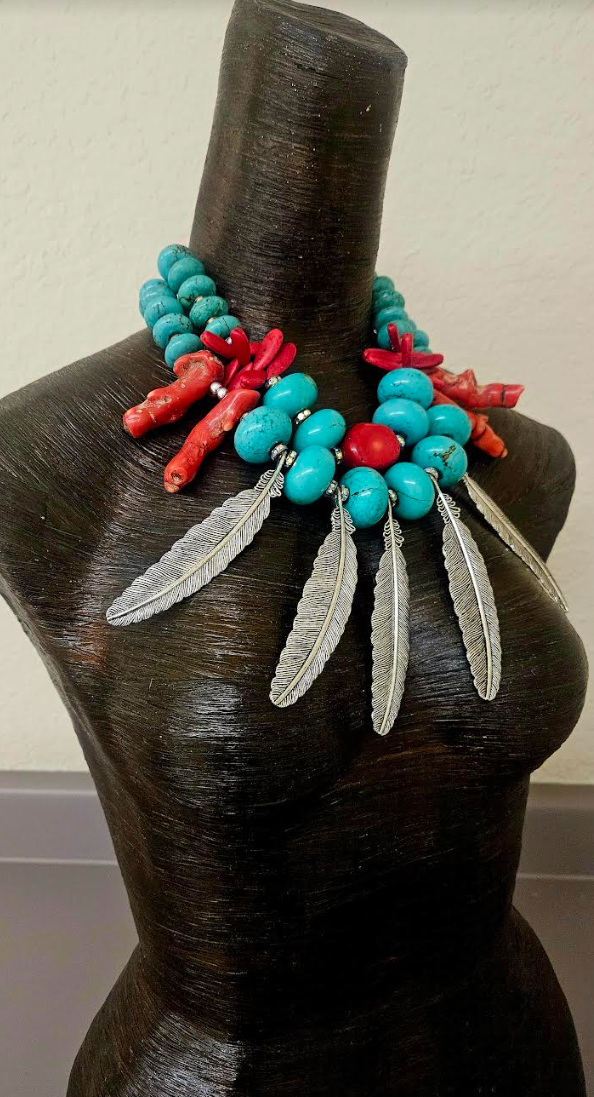 Blue Magnesite Red Coral & Silver Metal Feather Statement Luxury Neckl