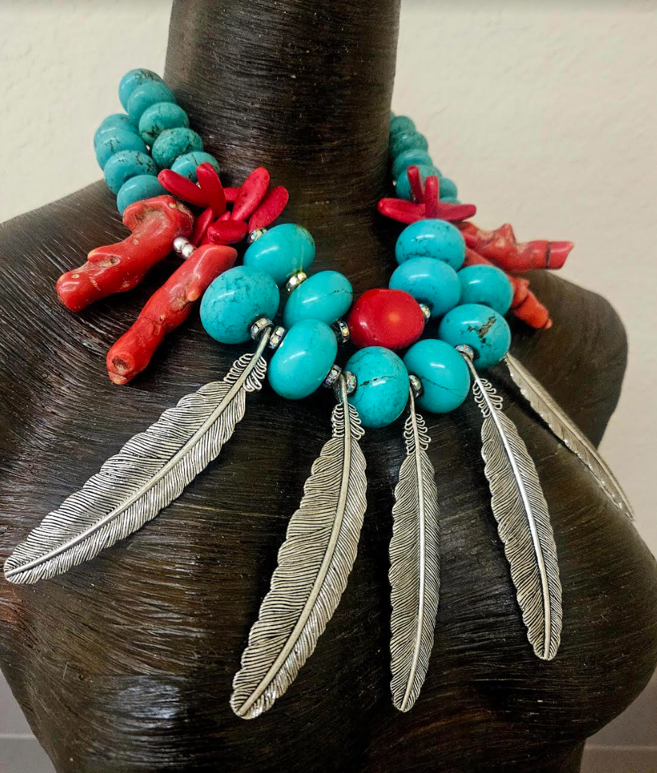 Blue Magnesite Red Coral & Silver Metal Feather Statement Luxury Neckl