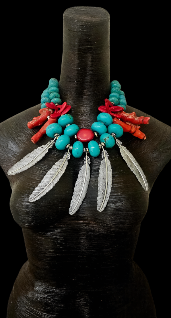 Blue Magnesite Red Coral & Silver Metal Feather Statement Luxury Neckl