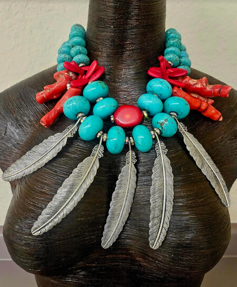 Blue Magnesite Red Coral & Silver Metal Feather Statement Luxury Neckl