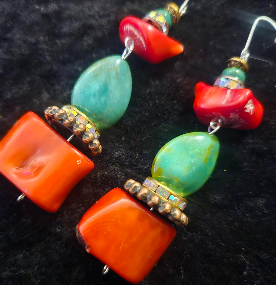 Red Coral and Turquoise Dangle Pierced Statement Earrings Bold & Chu