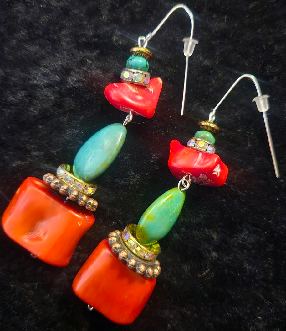 Red Coral and Turquoise Dangle Pierced Statement Earrings Bold & Chu